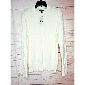 Vintage Express Crew Neck Med White Cable Knit Long Sleeve Pullover Sweater